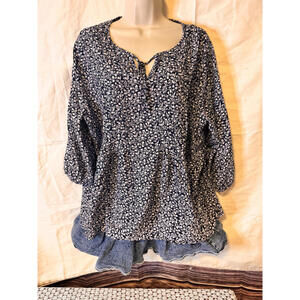 Croft & Barrow Women's Plus Size Floral Blouse Navy White 1X